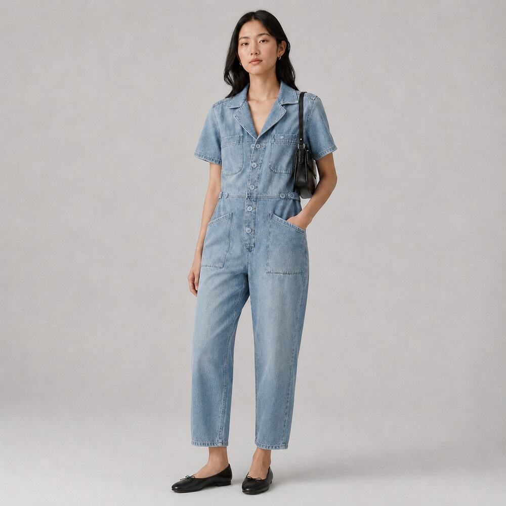 Pistola Grover Short Sleeve Field Jumpsuit Womens XS Blue Denim High-rise